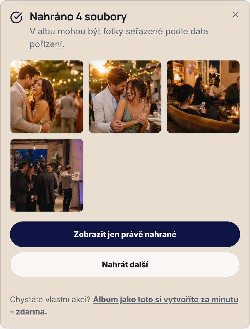 Skutečné mobilní rozhraní FotoDrop po nahrání fotek s ilustračním demo obsahem